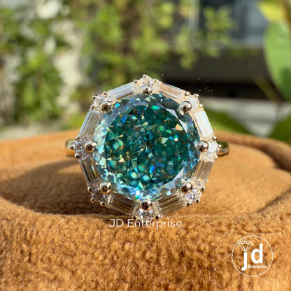 3.0 CT Portuguese Cut Cyan Blue Moissanite Ring, Vintage Style Engagement Ring, Baguette and Round Halo Ring, Wedding Ring, Anniversary Gift