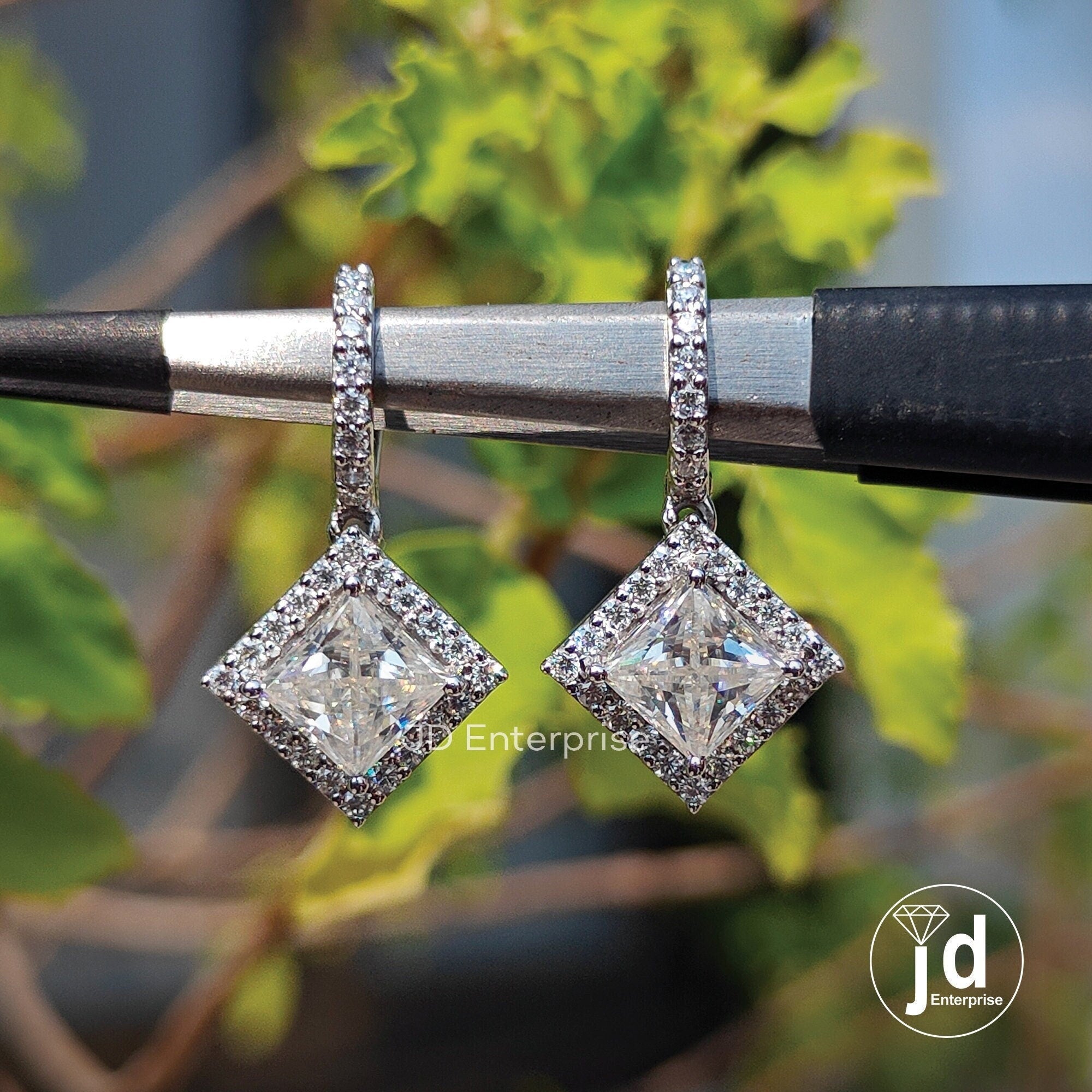 2.60 TW Princess Cut Moissanite Dangle and Drop Earrings, Halo Wedding Earrings, Lever Back Earrings for Women, Bridal Set, Anniversary Gift