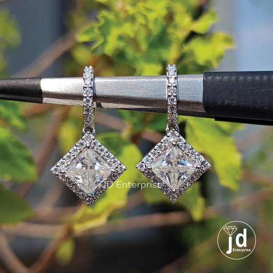 2.60 TW Princess Cut Moissanite Dangle and Drop Earrings, Halo Wedding Earrings, Lever Back Earrings for Women, Bridal Set, Anniversary Gift