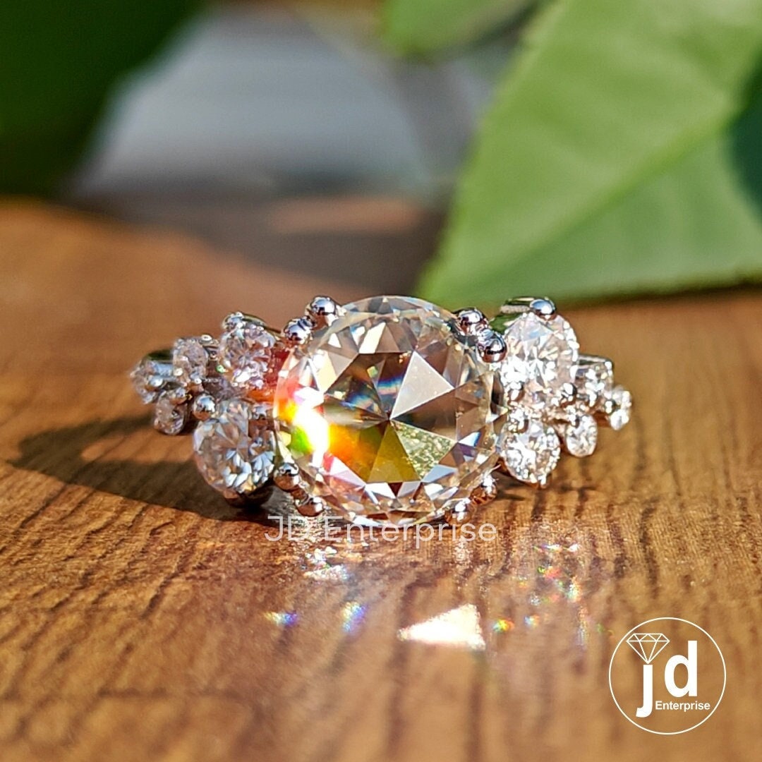 2.46CT Rose Cut Round Moissanite Engagement Ring, Vintage Style Wedding Ring, Malti Stone Promise Ring Anniversary Gift for Her, Bridal Ring