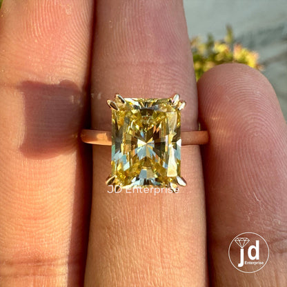 2.60 CT Radiant Crushed Ice Canary Yellow Moissanite Ring, Solitaire Engagement Ring, Yellow Gold Wedding Ring for Women, Double Claw Prongs