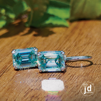4.72 TCW Cyan Blue Emerald Cut Moissanite Engagement Earrings, Moissanite Wedding Earrings, Dangle Drop Bridal Earrings, Proposal Earrings