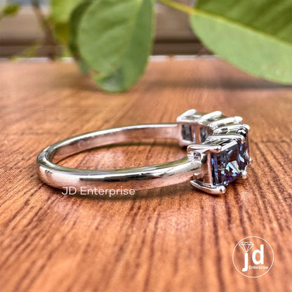 1.50 TCW Princess Cut Dark Blue Moissanite Five Stone Engagement Band, Wedding Band, Matching Anniversary Band, Stackable Band