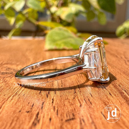 6.56 TCW Brownish Yellow Emerald Cut Moissanite Engagement Ring, Three Stone Wedding Ring, Side Stone Shield Cut Anniversary Gift
