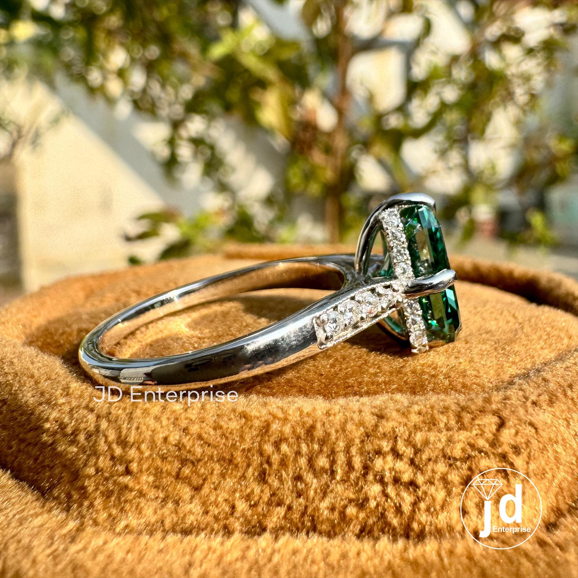 2.25 CT Green Radiant Moissanite Engagement Ring, Hidden Halo Wedding Ring, Compass Set Prongs Milgrain Ring, With Accent Stone Bridal Ring