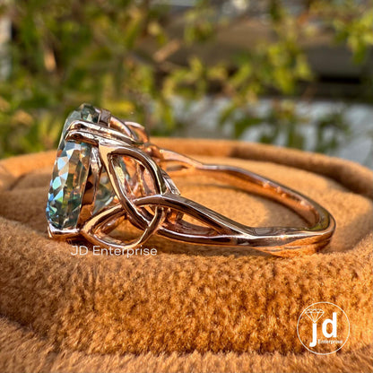 7.70 CT Cyan Blue Portuguese Cut Moissanite Ring, Antique Diamond Engagement Ring, Solitaire Wedding Ring, 10K Rose Gold Anniversary Ring