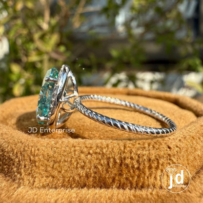 2.82 TCW Blue Oval Cut Moissanite Wedding Ring, Halo Engagement Ring, Twisted Rope Band, Anniversary Gifts, Bridesmaid Ring, Promise Ring