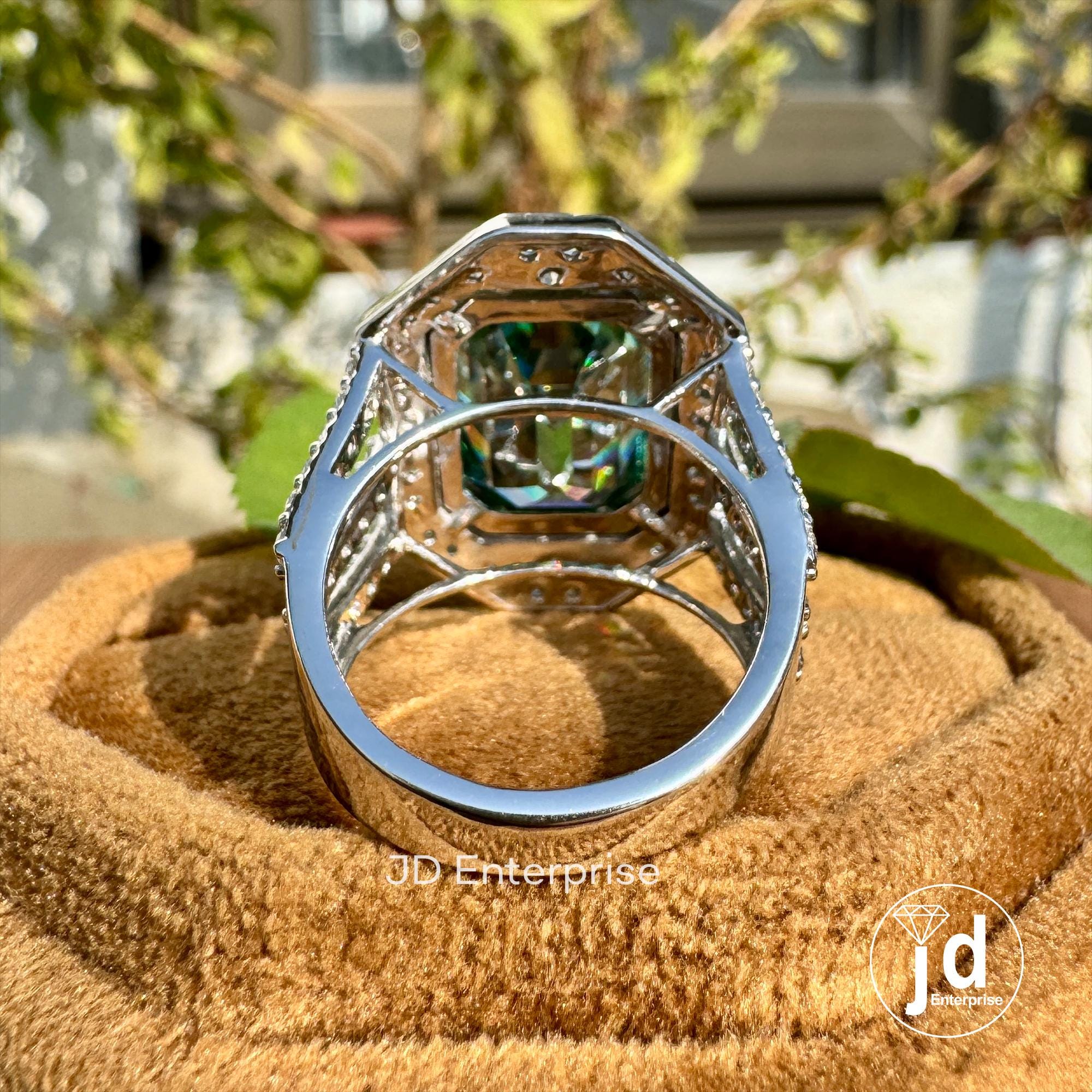 6.50 CT Bezel Set Emerald Cut Bluegreen Moissanite Engagement Ring, Celebrity Style Halo Wedding Ring, Split Pave Bridal Ring, Anniversary