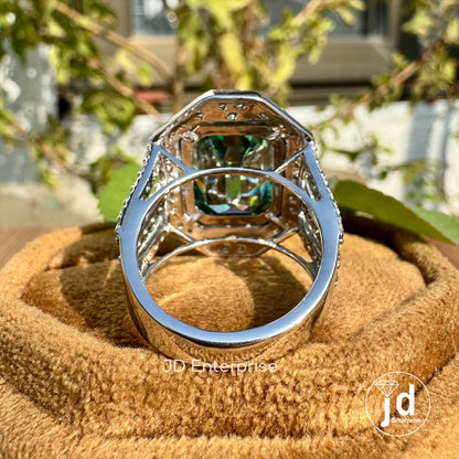 6.50 CT Bezel Set Emerald Cut Bluegreen Moissanite Engagement Ring, Celebrity Style Halo Wedding Ring, Split Pave Bridal Ring, Anniversary