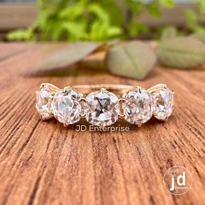 5.00TCW Old Mine Cushion Moissanite Engagement Ring, Old Mine Moissanite Five Stone Wedding Band, Vintage Style Yellow Gold Anniversary Ring