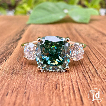 4.00TCW Cushion Cut Blue Green Moissanite Three Stone Engagement Ring, 10k Yellow Gold Bridal Ring, Cocktail Anniversary Ring, Wedding Ring
