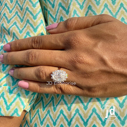 Vintage-Inspired Oval Cut Moissanite Engagement Ring with Floral Sunburst Halo Design in Rose Gold, Perfect Promise/Anniversary/Wedding Gift