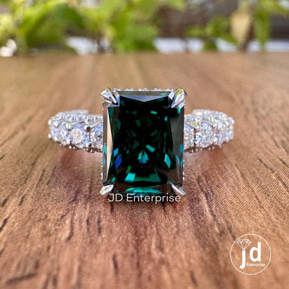 Fancy Dark Green Radiant Cut Moissanite Engagement Ring, Hidden Halo Wedding Ring, Three Side Pave Ring, Anniversary Ring for Women