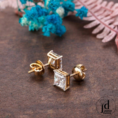 7.50MM Princess Cut Moissanite Earrings / 14K Yellow Gold Solitaire Moissanite Earrings / Princess Studs For Gift
