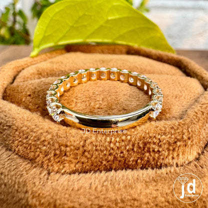 2.50 MM Round Moissanite Dainty Wedding Band, Moissanite Half Eternity Shared Prong Matching Engagement Bands, 10k Yellow Gold Bridal Band