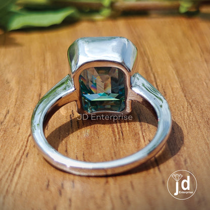 7.00 CT Emerald Cut Cyan Blue Moissanite Solitaire Engagement Ring, Bezel Set Wedding Ring, Anniversary Gifts, Bridal Ring, Ring for Women
