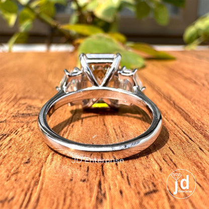 6.56 TCW Brownish Yellow Emerald Cut Moissanite Engagement Ring, Three Stone Wedding Ring, Side Stone Shield Cut Anniversary Gift