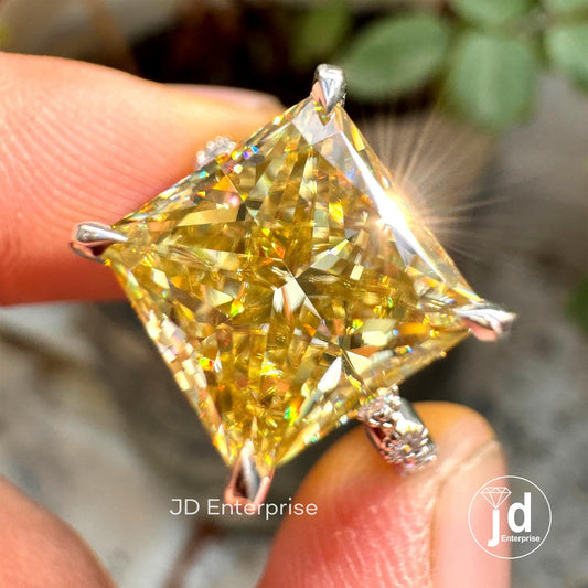 4.50 CT Princess Cut Canary Yellow Moissanite Engagement Ring, Accent Set Wedding Ring, Milgrain Ring, Anniversary Gifts Ring, Proposal Ring