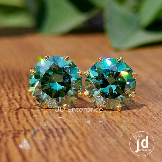 Green Moissanite Earrings, Moissanite Stud Earrings, 3.50 TW Round Moissanite Earrings, 8 Secure Prong, Vintage Bridal Earrings for Women