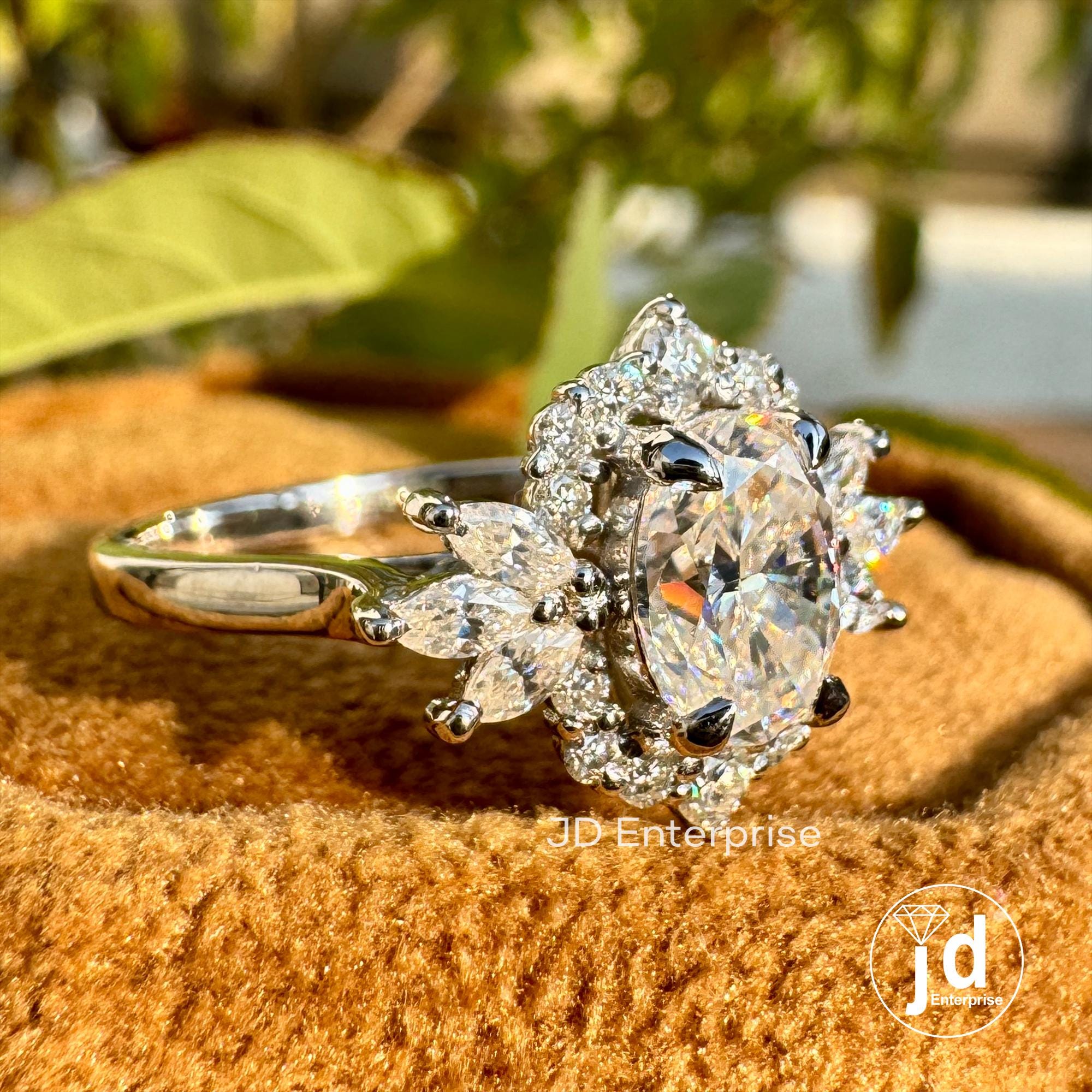 1.00 CT Oval Cut Moissanite Engagement Ring, Oval Wedding Ring, Cluster Set Halo Ring, Vintage Bridal Set Ring, Solid Gold Promise Ring