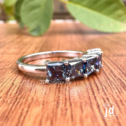 1.50 TCW Princess Cut Dark Blue Moissanite Five Stone Engagement Band, Wedding Band, Matching Anniversary Band, Stackable Band