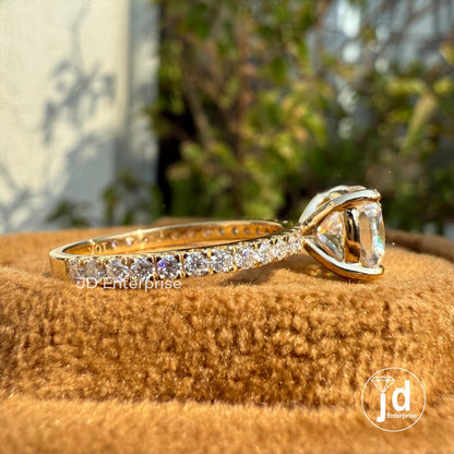 Cushion Moissanite Engagement Ring with Pave Cathedral Shank Setting, Wedding Ring for Her, Anniversary Gifts, Handmade Yellow Gold Ring