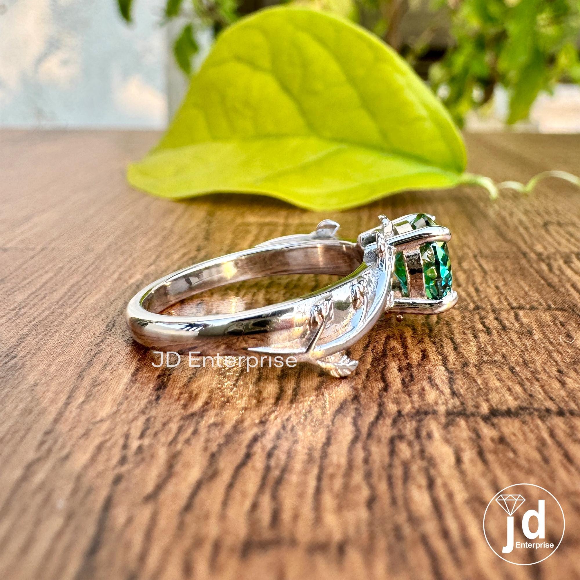 1.25CT Portuguese Cut Green Moissanite Engagement Ring, Vintage Leaf Solitaire Wedding Ring, Nature Inspired Anniversary Gift, Bridal Ring