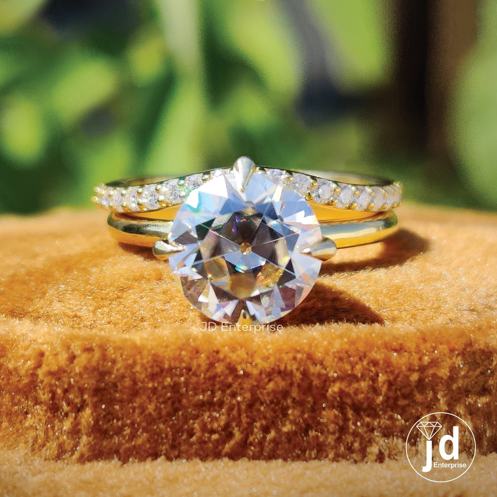 Vintage Style Wedding Set-2.35 CT Round Old European Cut Moissanite Solitaire Engagement Ring, Half Eternity Curved Band, Bridal Set