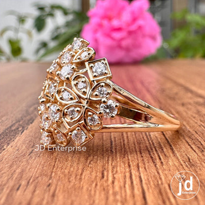 Cocktail Rhombus Bridal Ring, Cluster Set Moissanite Ring, Floral Style Round Cut Moissanite Engagement Ring, 18k Yellow Gold Wedding Ring