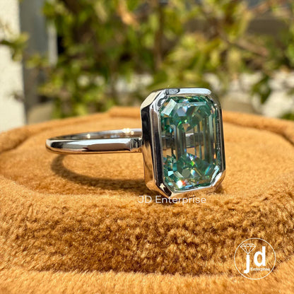 Emerald Cut Moissanite Proposal Ring, 2.50 CT Blue Green Moissanite Anniversary Ring, Solitaire Bridal Ring, Bezel Set Wedding Ring