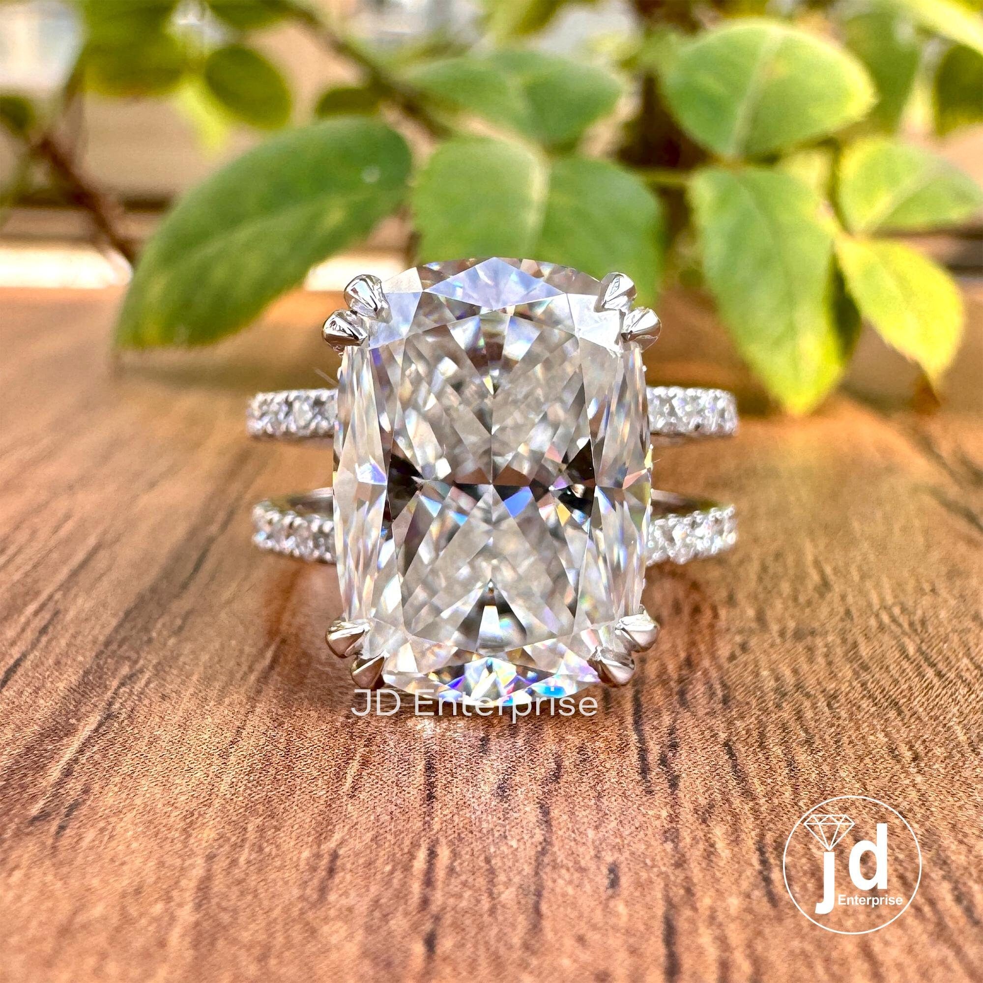 Large 7.25 CT Elongated Cushion Cut Moissanite Ring, Hidden Halo Engagement Ring, Dual Shank Wedding Ring, Pave Set Celebrity Style Ring