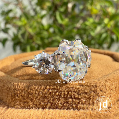 4.80 TW Colorless Cushion and Round Old Mine Cut Moissanite Ring, Vintage Style Three Stone Engagement Ring, Wedding Ring, Anniversary Gifts
