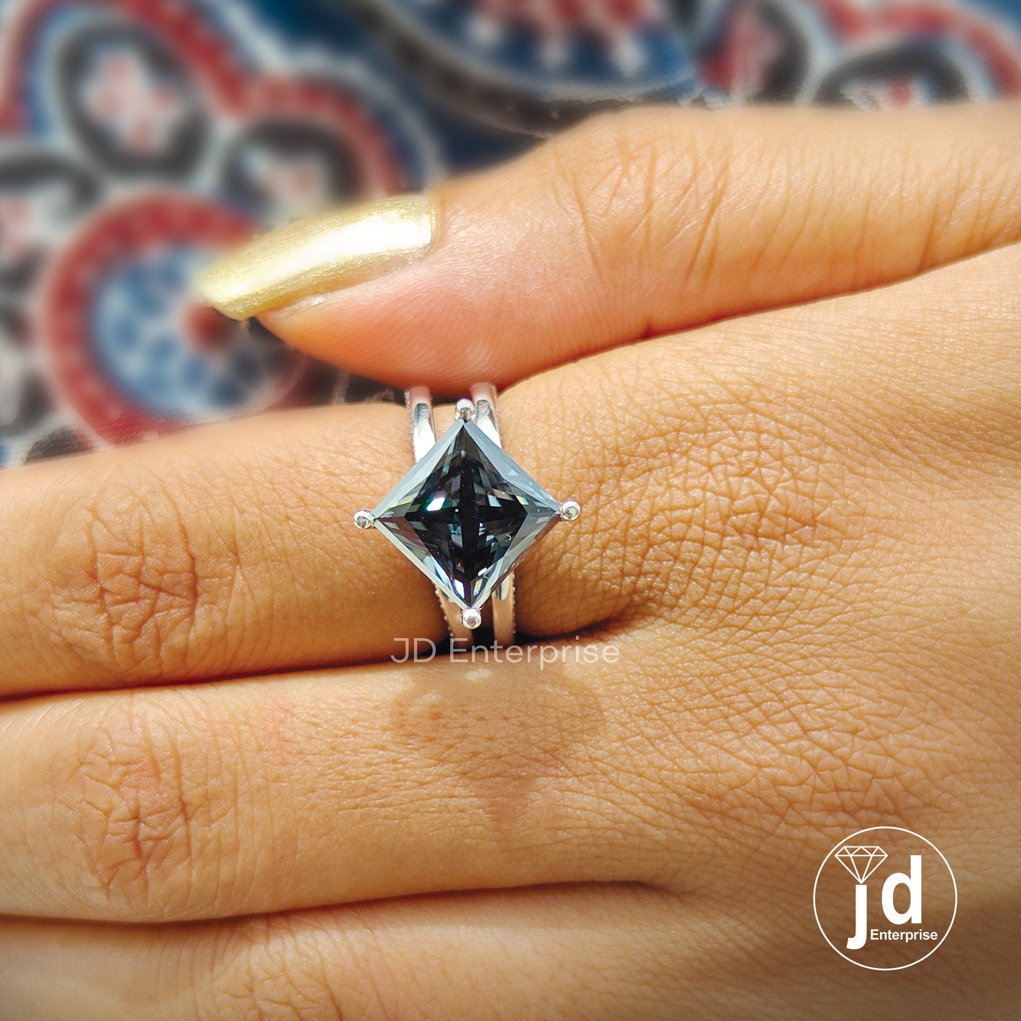 4.70 CT Princess Cut Dark Grey Moissanite Engagement Ring, Hidden Halo Wedding Ring, Compass Set, Split Pave Ring, Anniversary Gift Ring