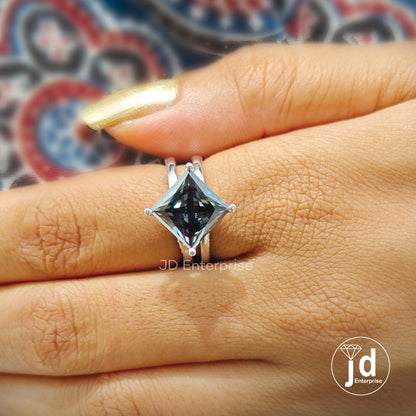 4.70 CT Princess Cut Dark Grey Moissanite Engagement Ring, Hidden Halo Wedding Ring, Compass Set, Split Pave Ring, Anniversary Gift Ring