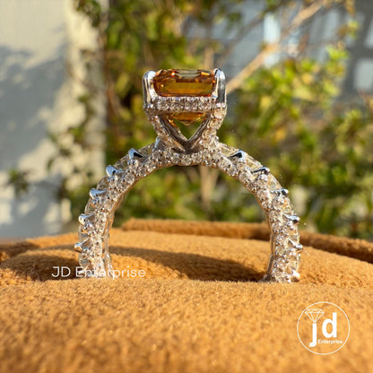 3.0 CT Criss Cut Champagne Color Moissanite Engagement Ring, Three Side Pave Wedding Ring, Hidden Halo Ring, Micro Pave Setting