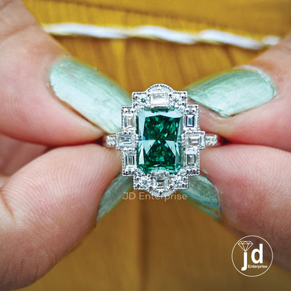 Vintage 2.0 CT Radiant Cut Green Moissanite Engagement Ring, Halo Wedding Ring, Milgrain Ring, Art Deco Ring, Anniversary Ring, Promise Ring
