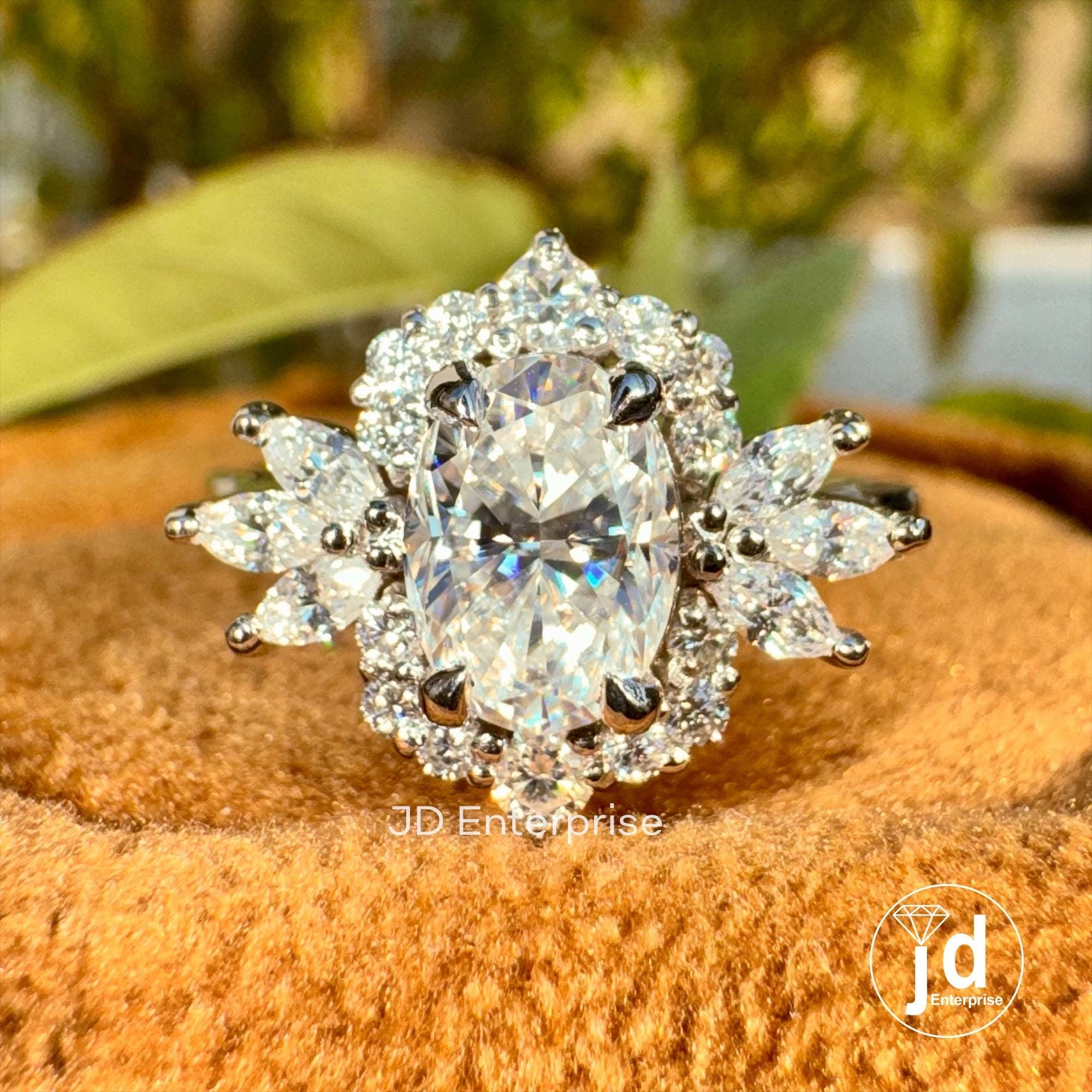 1.00 CT Oval Cut Moissanite Engagement Ring, Oval Wedding Ring, Cluster Set Halo Ring, Vintage Bridal Set Ring, Solid Gold Promise Ring