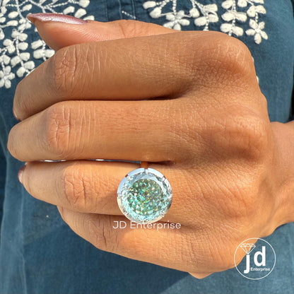 Two-Tone Bezel Engagement Ring, 7.75 CT Portuguese Cut Greenish Blue Moissanite Ring, Classic Solitaire Wedding Ring, Anniversary Gift