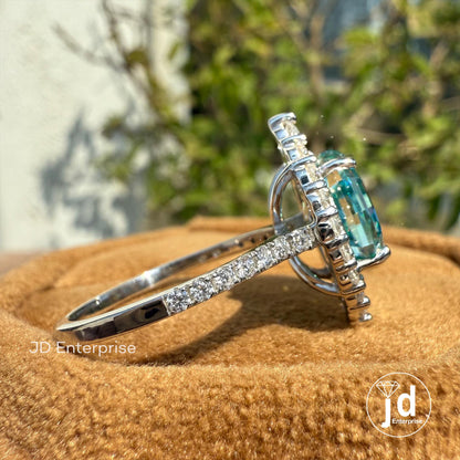 3.00 CT Blue Oval Step Cut Moissanite Engagement Ring, Cluster Halo Wedding Ring, Pave Set Bridal Ring, Anniversary Gifts Ring, Promise Ring