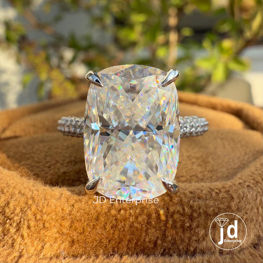 7.00 CT Colorless Elongated Cushion Cut Moissanite Engagement Ring, Three Row Micro Pave Wedding Ring, Hidden Halo Ring, Accent Bridal Ring