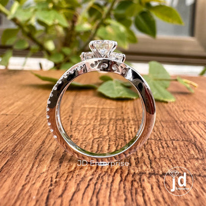 1.12 CT Colorless Round Cut Moissanite Engagement Ring, Three Stone Wedding Ring, Pave Bypass Shank Designer Ring, Anniversary Ring