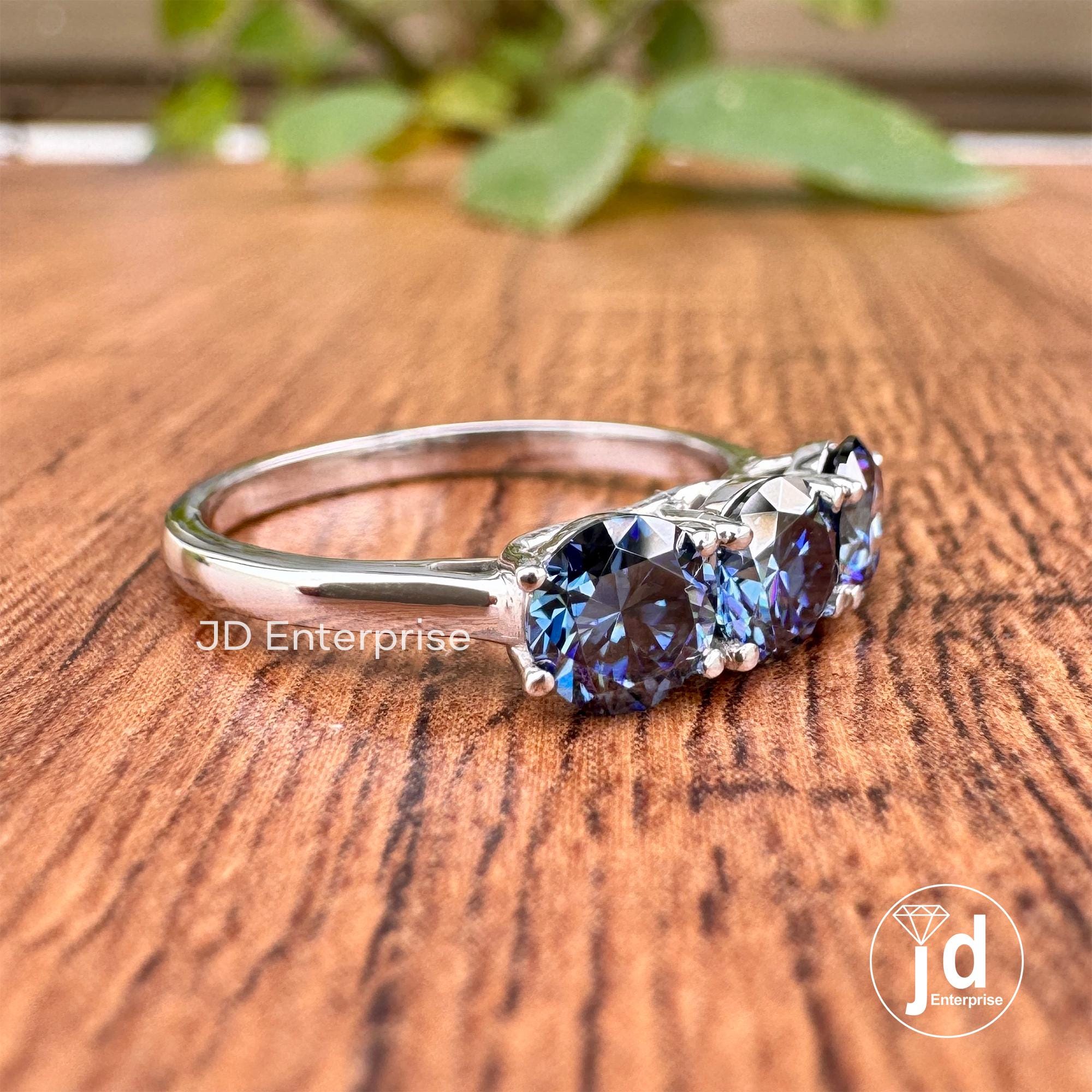 1.50 TCW Round Cut Antique Dark Blue Moissanite Engagement Ring, Three Stone Ring, White Gold Promise Ring, Wedding Ring, Anniversary Gift