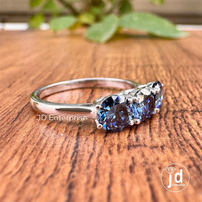 1.50 TCW Round Cut Antique Dark Blue Moissanite Engagement Ring, Three Stone Ring, White Gold Promise Ring, Wedding Ring, Anniversary Gift