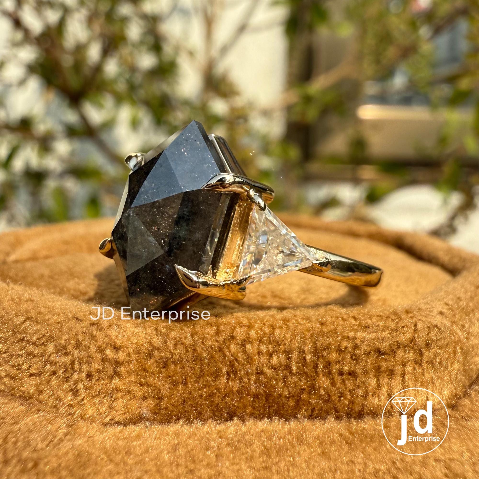 Raw Diamond Step Cut Hexagon & Triangle Moissanite, Salt and Pepper, Yellow Gold Engagement Ring, Three Stone Geometric Diamond Wedding Ring