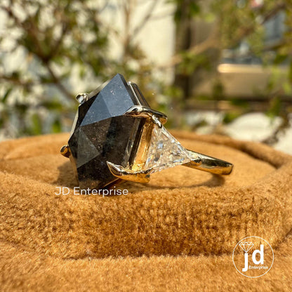 Raw Diamond Step Cut Hexagon & Triangle Moissanite, Salt and Pepper, Yellow Gold Engagement Ring, Three Stone Geometric Diamond Wedding Ring