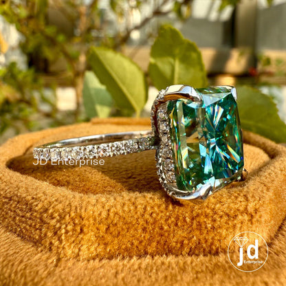 11.88 TCW Large Radiant Cut Cyan Blue Moissanite Engagement Ring, Hidden Halo Wedding Ring, Anniversary Ring, Celebrity Style Bridal Ring