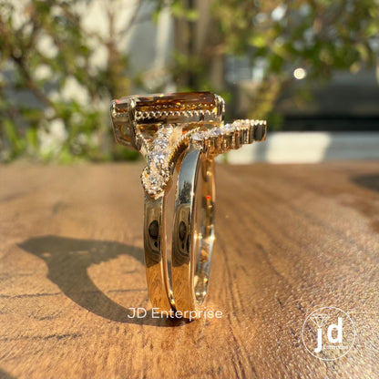 3.11 TCW Coffin Cut Brownish Champagne Moissanite Engagement Ring with Chevron Wedding Band, Art Deco Bridal Set, Milgrain Anniversary Ring