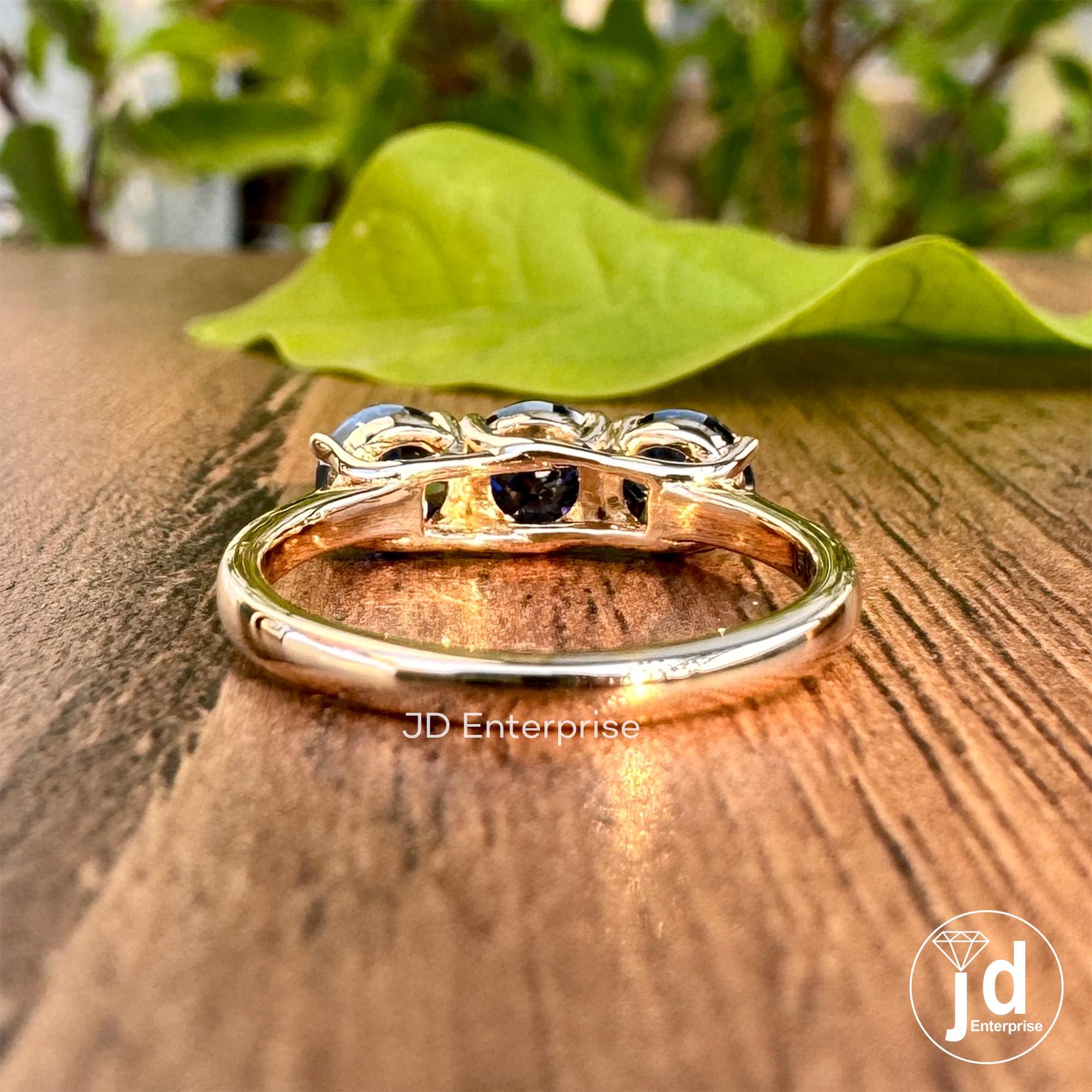 1.50 TCW Round Cut Antique Dark Blue Moissanite Engagement Ring, Three Stone Ring, White Gold Promise Ring, Wedding Ring, Anniversary Gift