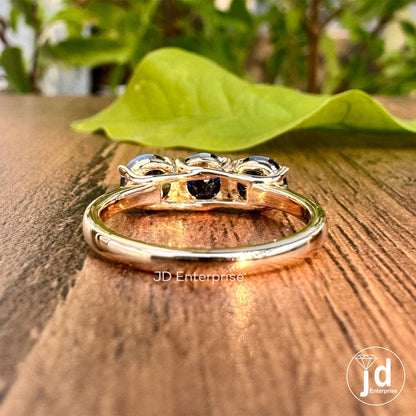 1.50 TCW Round Cut Antique Dark Blue Moissanite Engagement Ring, Three Stone Ring, White Gold Promise Ring, Wedding Ring, Anniversary Gift