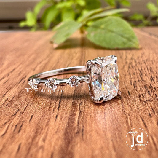 2.14 TW Colorless Elongated Cushion Moissanite Engagement Ring, Distance Pave Wedding Ring, Minimalist Anniversary Ring, Dainty Promise Ring